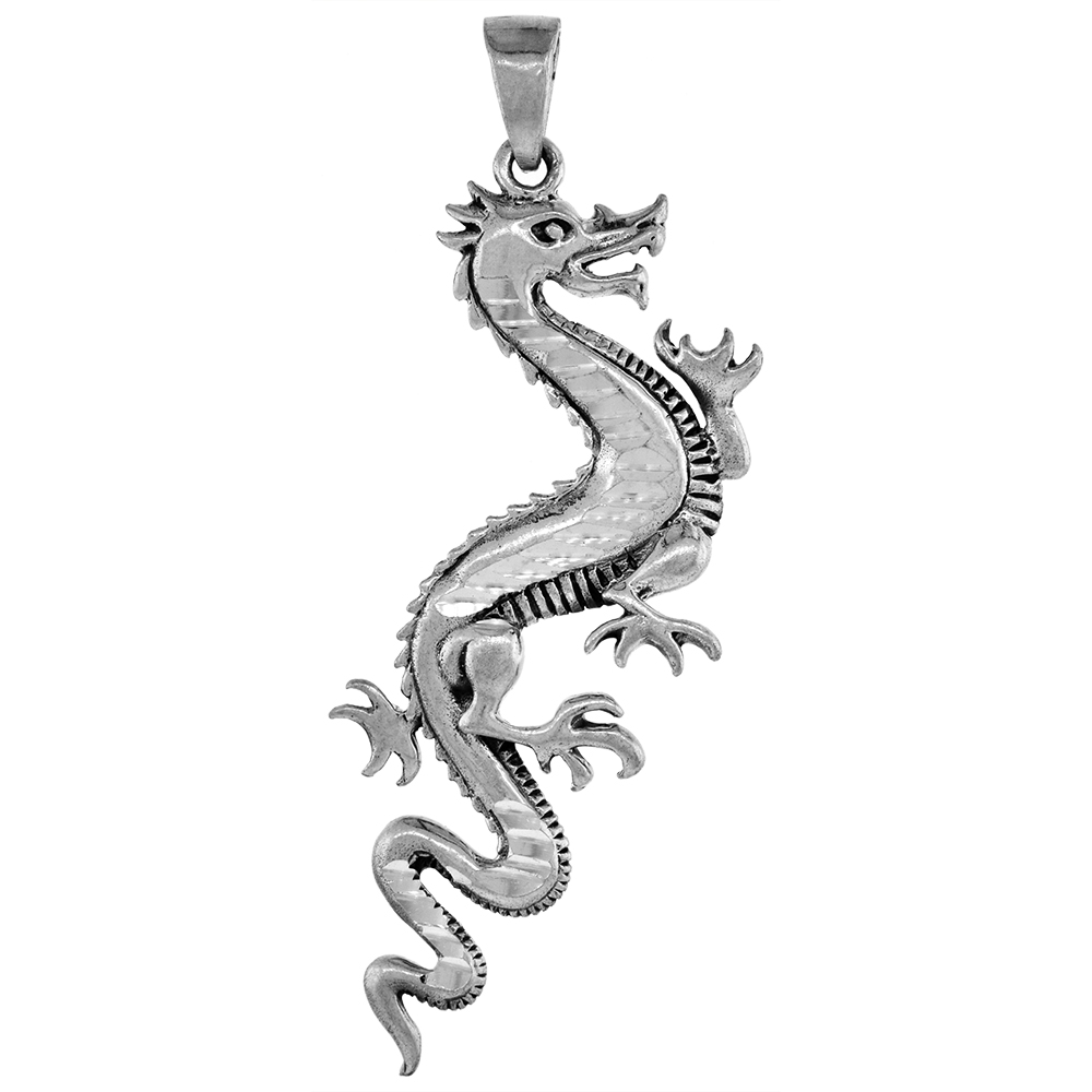 Large 2 1/2 inch Sterling Silver Chinese Dragon Necklace Diamond-Cut Oxidized finish available with or without chain