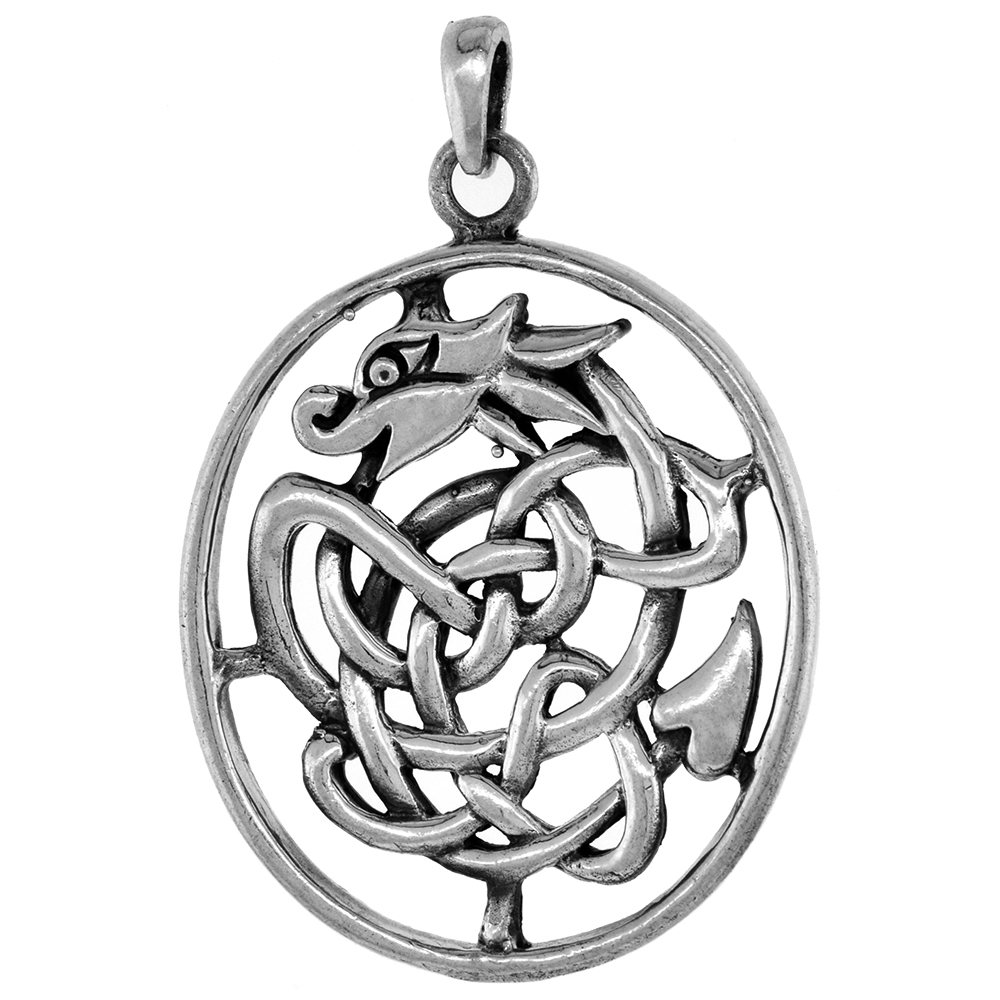 Large 2 inch Sterling Silver Celtic Knot Dragon Necklace Diamond-Cut Oxidized finish available with or without chain