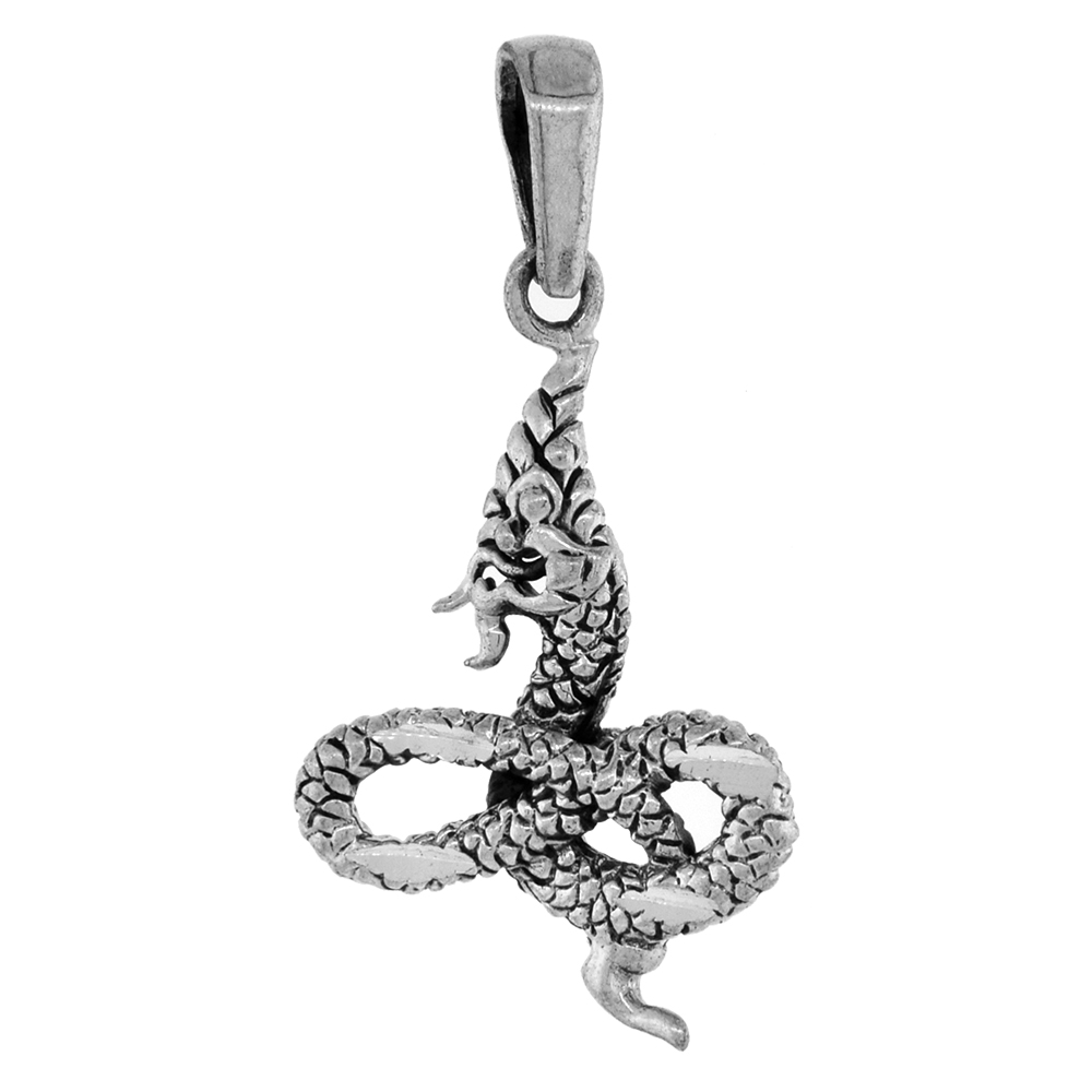 1 1/4 inch Sterling Silver Chinese Dragon Necklace Diamond-Cut Oxidized finish available with or without chain