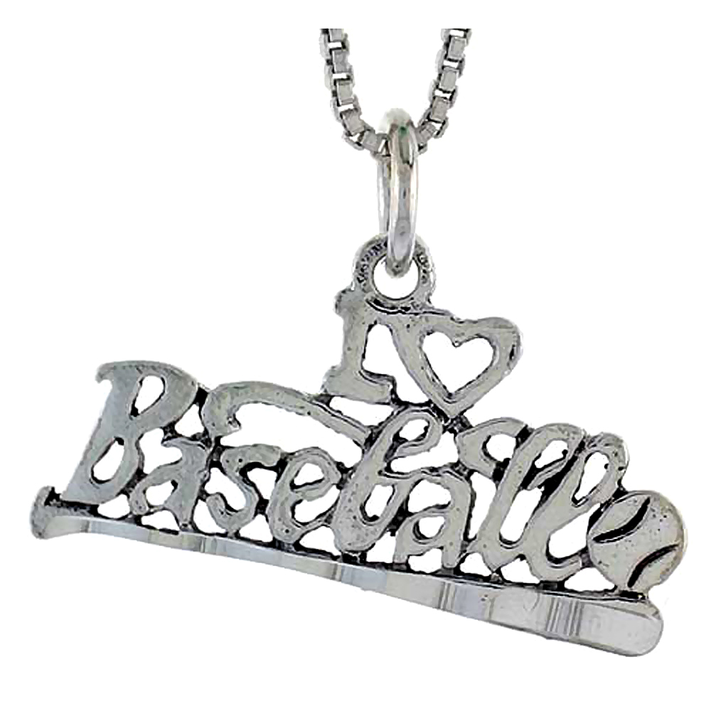 Sterling Silver I Love Baseball Word Pendant, 1 inch wide 