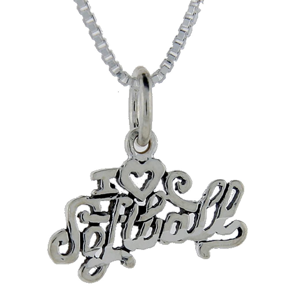 Sterling Silver I Love Softball Word Pendant, 1 inch wide 