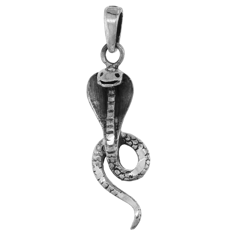 1 1/2 inch Sterling Silver Cobra Snake Necklace Diamond-Cut Oxidized finish available with or without chain