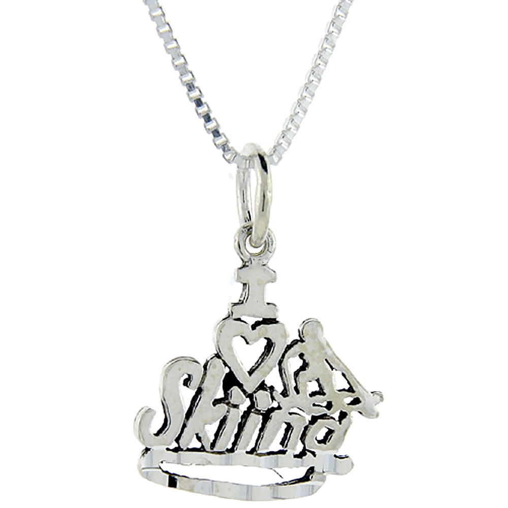 Sterling Silver I Love Skiing 1 inch wide Word Pendant.