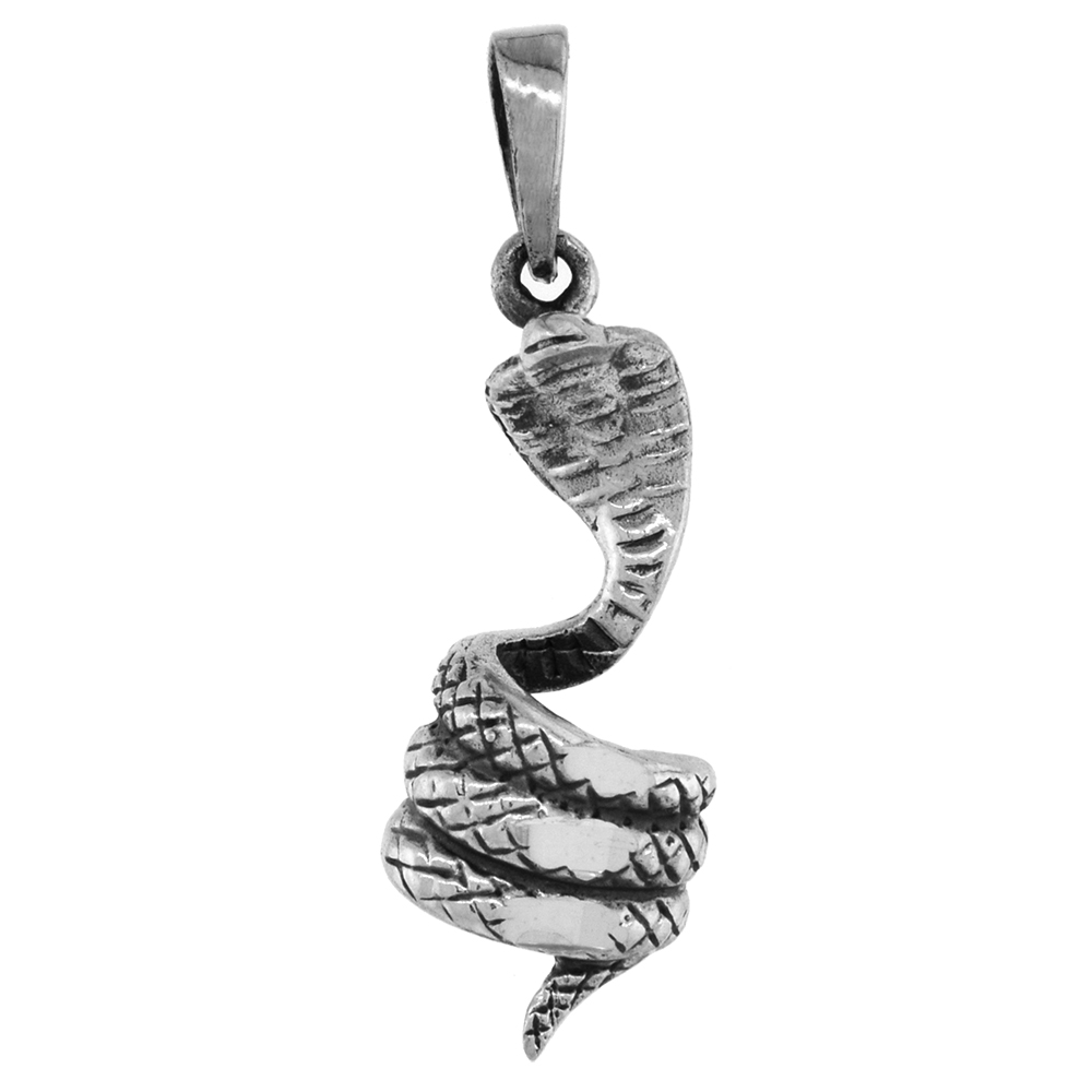 1 1/4 inch Sterling Silver Coiled Cobra Snake Necklace Diamond-Cut Oxidized finish available with or without chain
