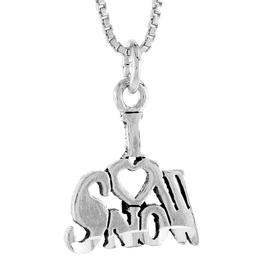 Sterling Silver I Love Snow 1 inch wide Word Pendant.