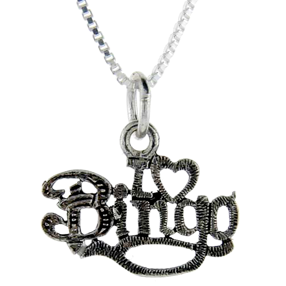 Sterling Silver I Love Bingo Word Pendant, 1 inch wide 