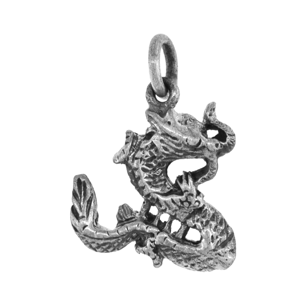 Tiny 5/8 inch Sterling Silver Chinese Dragon Necklace for Women Diamond-Cut Oxidized finish available with or without chain