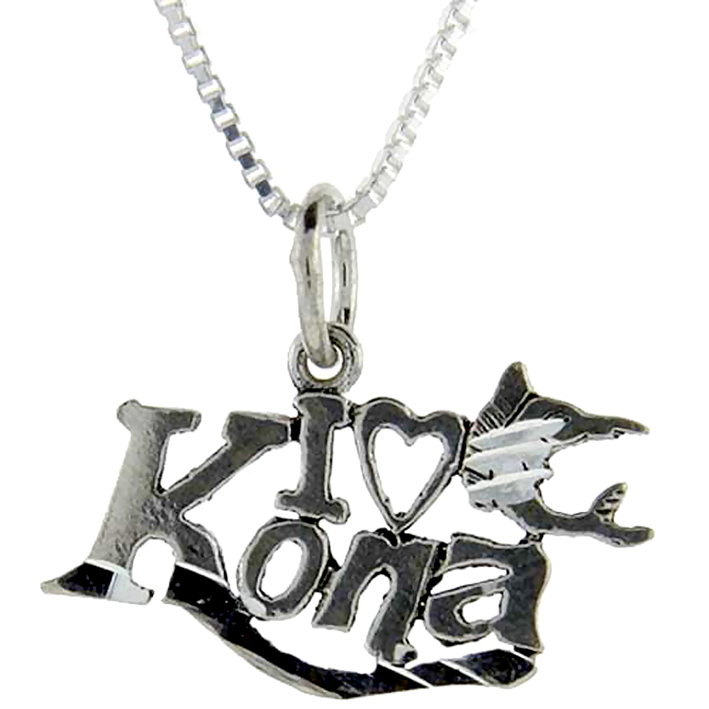 Sterling Silver I Love Kona Word Pendant, 1 inch wide 