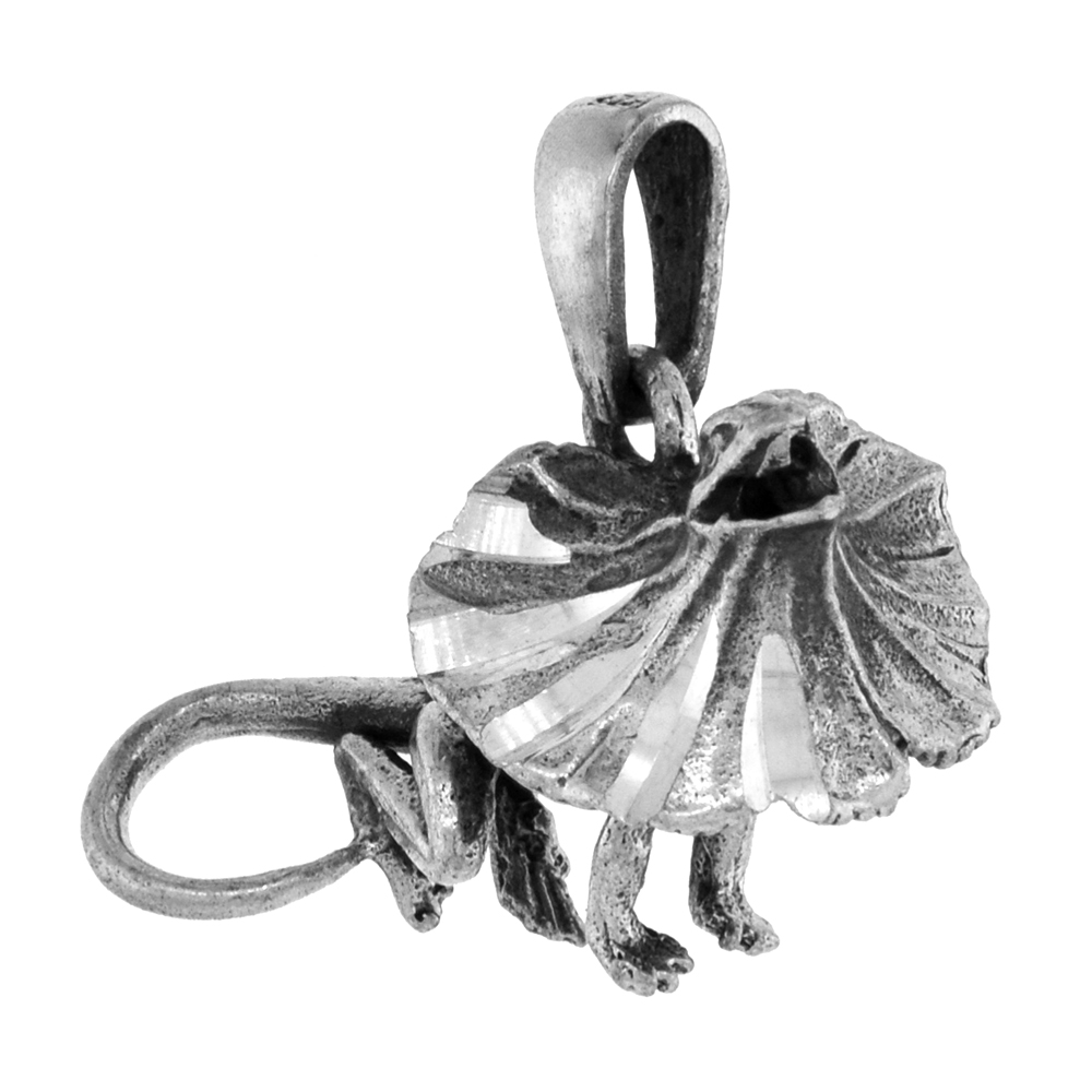Tiny 5/8 inch Sterling Silver Frilled Lizard Pendant for Women Diamond-Cut Oxidized finish NO Chain