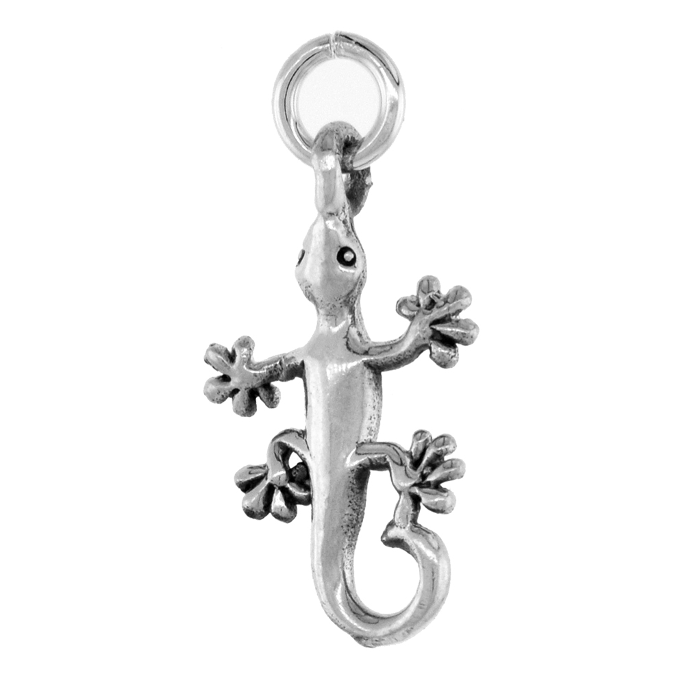 Small 3/4 inch Sterling Silver Gecko Pendant for Women Diamond-Cut Oxidized finish NO Chain