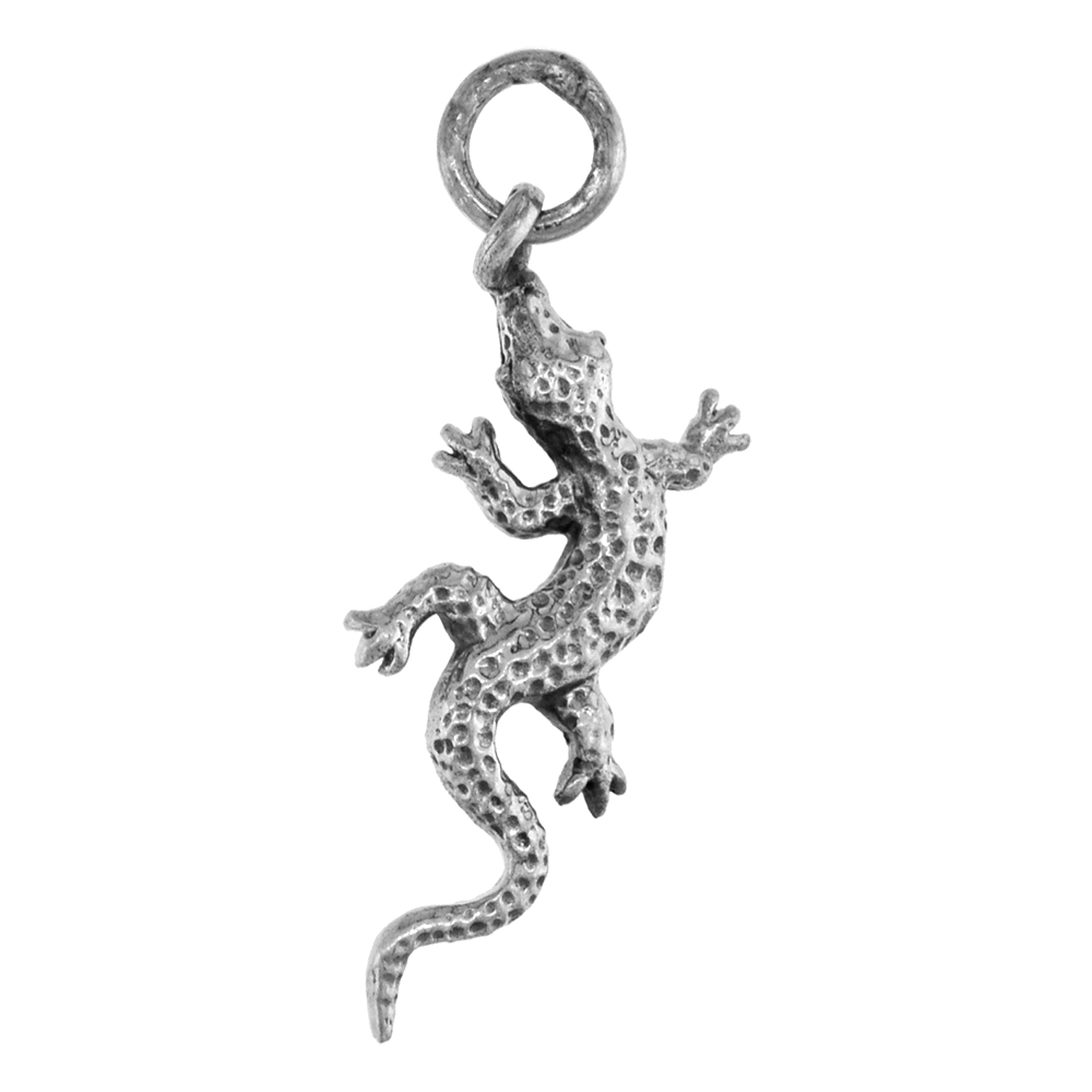 Small 7/8 inch Sterling Silver Gecko Necklace Diamond-Cut Oxidized finish available with or without chain