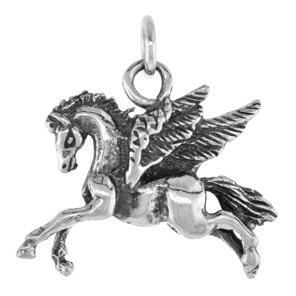 Small 1 1/8 inch Sterling Silver Pegasus Necklace Diamond-Cut Oxidized finish available with or without chain