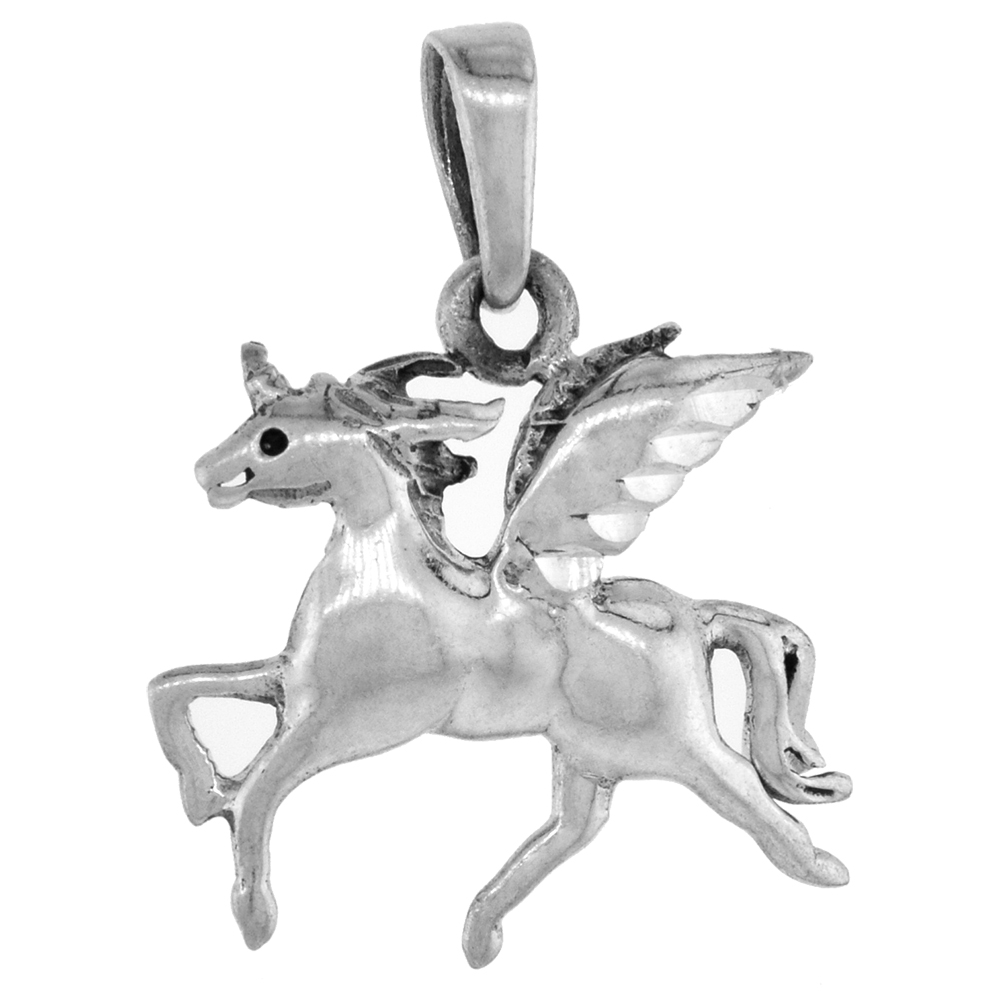 Small 1 1/8 inch Sterling Silver Pegasus Unicorn Necklace for Women Diamond-Cut Oxidized finish available with or without chain
