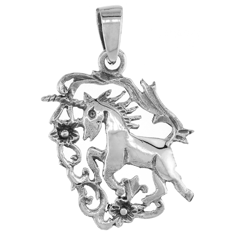 Small 3/4 inch Sterling Silver Flowers and Unicorn Pendant for Women for Women Diamond-Cut Oxidized finish NO Chain
