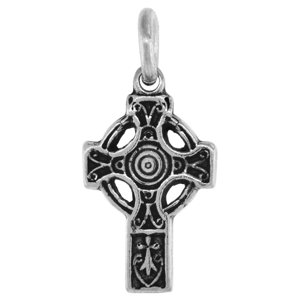 Small 3/4 inch Sterling Silver Concentric Circles Celtic Cross Pendant High Cross for Women Diamond-Cut Oxidized finish NO Chain