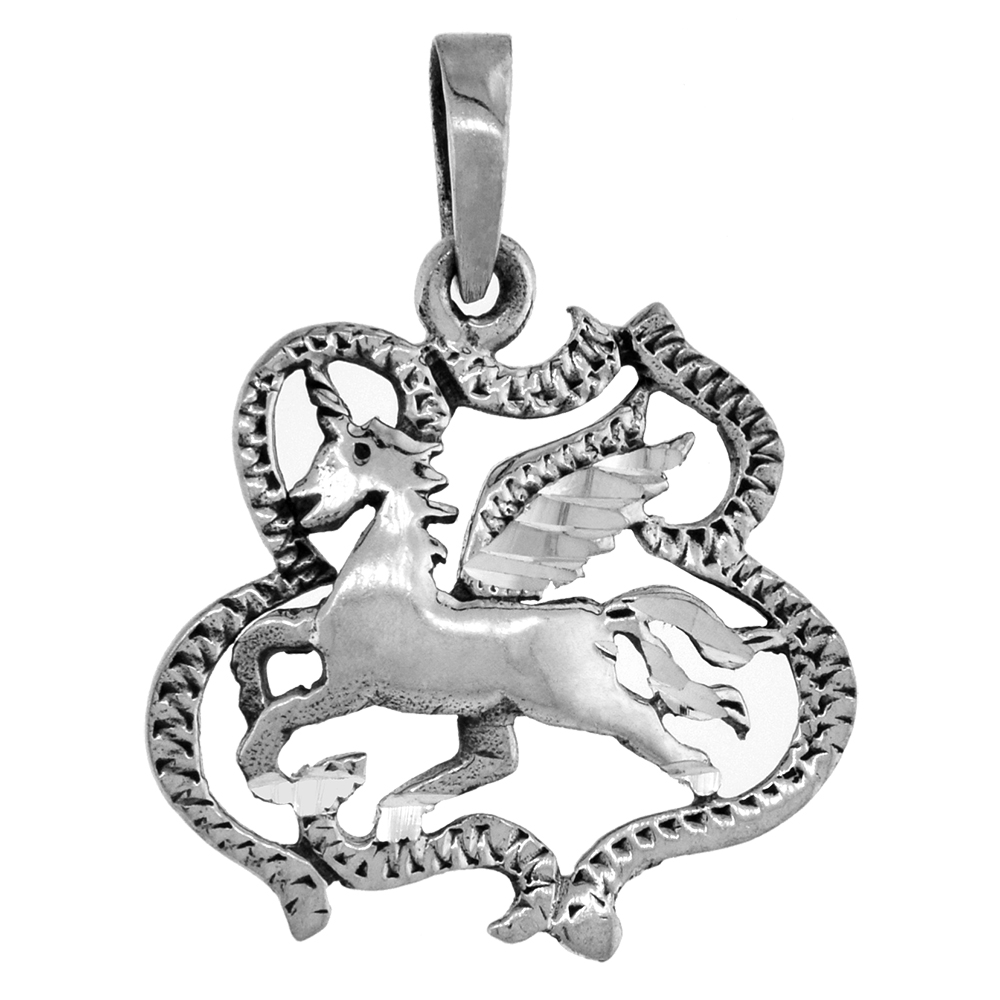 Small 3/4 inch Sterling Silver Pegasus Unicorn Necklace for Women Diamond-Cut Oxidized finish available with or without chain