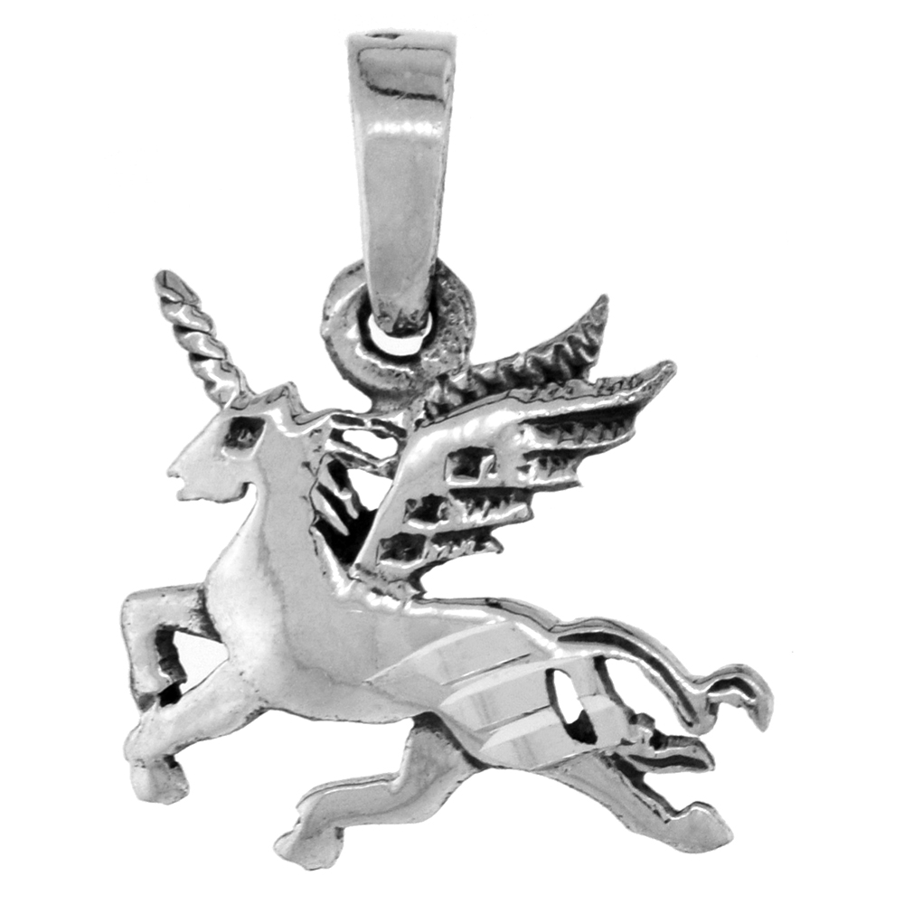 Small 1 1/4 inch Sterling Silver Pegasus Unicorn Necklace for Women Diamond-Cut Oxidized finish available with or without chain