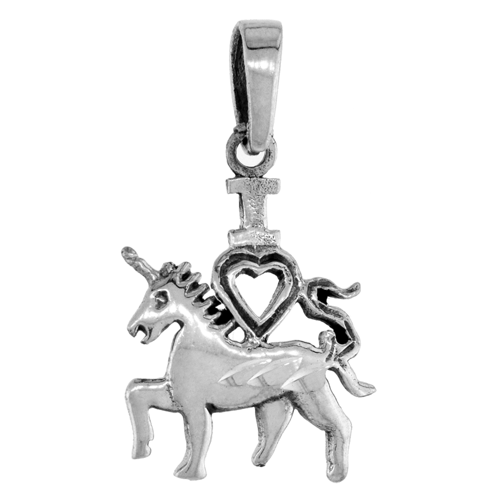 Small 3/4 inch Sterling Silver Heart and Unicorn Necklace for Women Diamond-Cut Oxidized finish available with or without chain