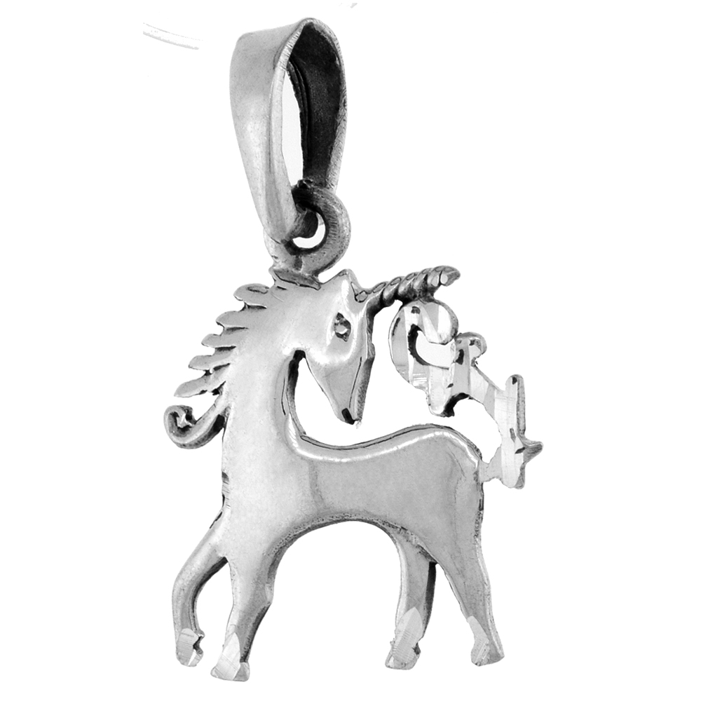 Small 3/4 inch Sterling Silver Turning Head Unicorn Pendant for Women Diamond-Cut Oxidized finish NO Chain