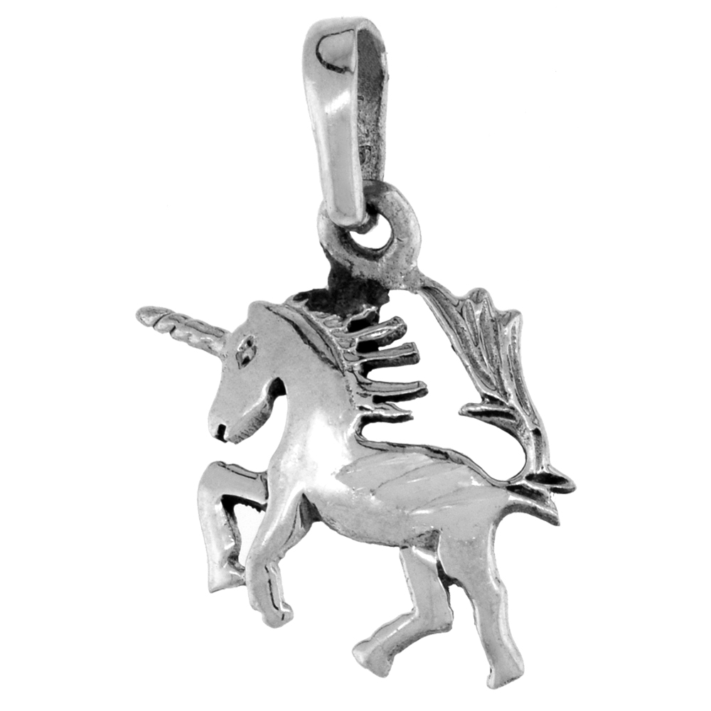 Small 3/4 inch Sterling Silver Prancing Unicorn Necklace for Women Diamond-Cut Oxidized finish available with or without chain