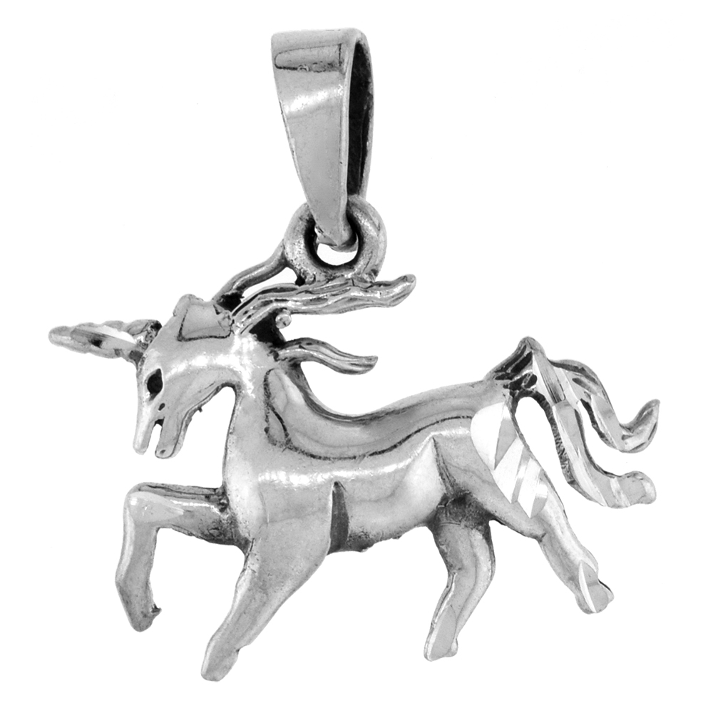 Small 1 inch Sterling Silver Galloping Unicorn Necklace for Women Diamond-Cut Oxidized finish available with or without chain