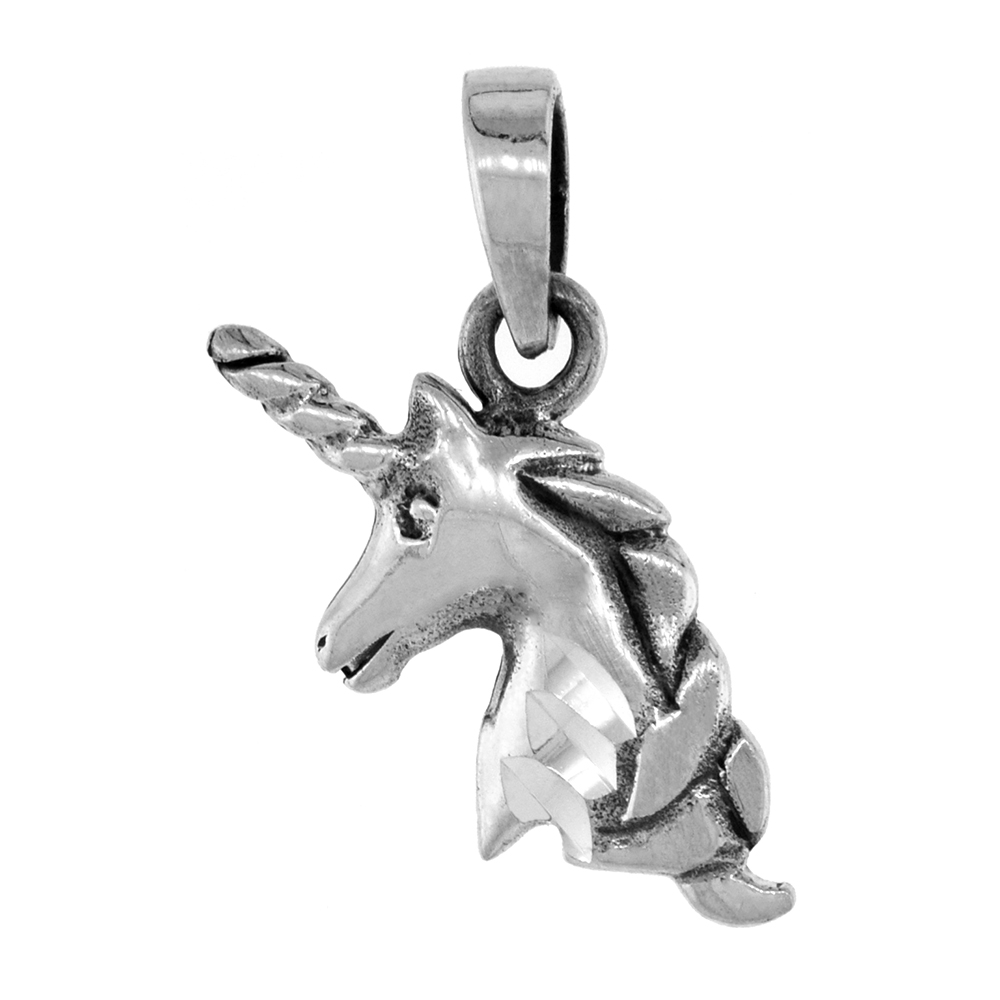 Dainty 1 inch Sterling Silver Unicorn-Head Pendant for Women Diamond-Cut Oxidized finish NO Chain