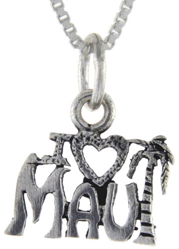 Sterling Silver I Love Maui Word Pendant, 1 inch wide 