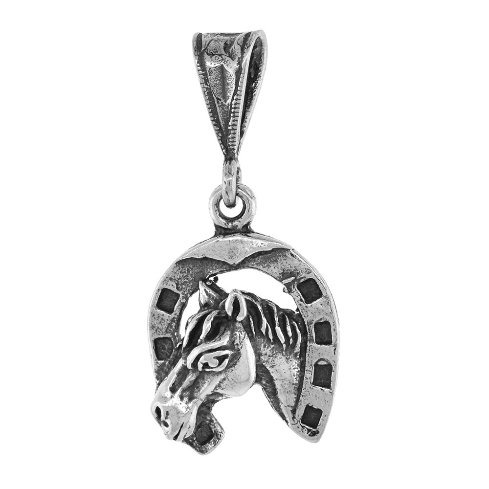 Small 3/4 inch Sterling Silver Horsehead in Horseshoe Necklace for Men and Women Diamond-Cut Oxidized finish available with or without chain