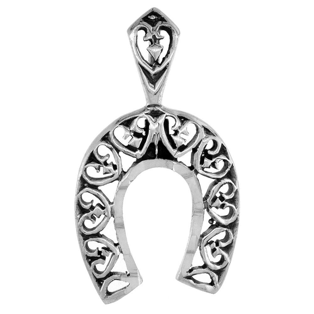 Small 7/8 inch Sterling Silver Heart Filigree Horseshoe Pendant for Men and Women Diamond-Cut Oxidized finish NO Chain