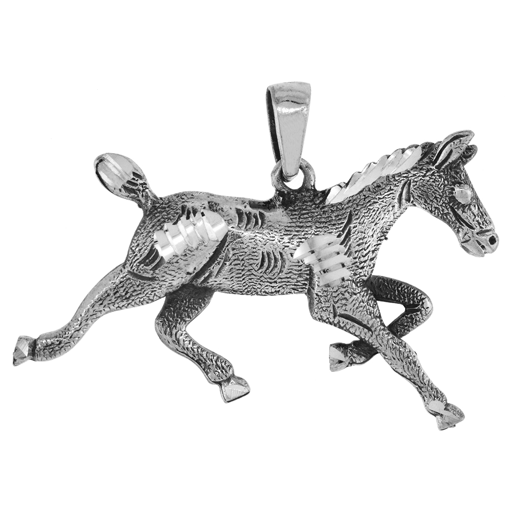 Small 1 inch Sterling Silver Galloping Horse Necklace for Men and Women Diamond-Cut Oxidized finish available with or without chain