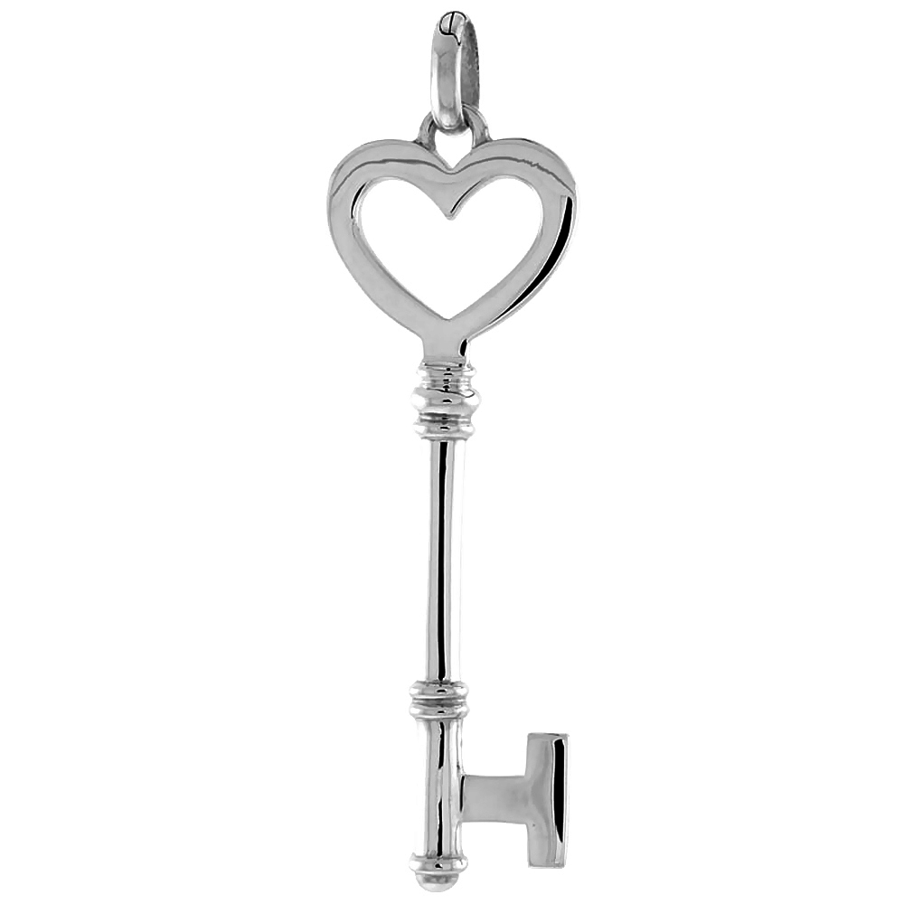 Sterling Silver Vintage Design Skeleton Key Pendant Hollow Heart Bow Flawless Polished Finish 1 1 inch 