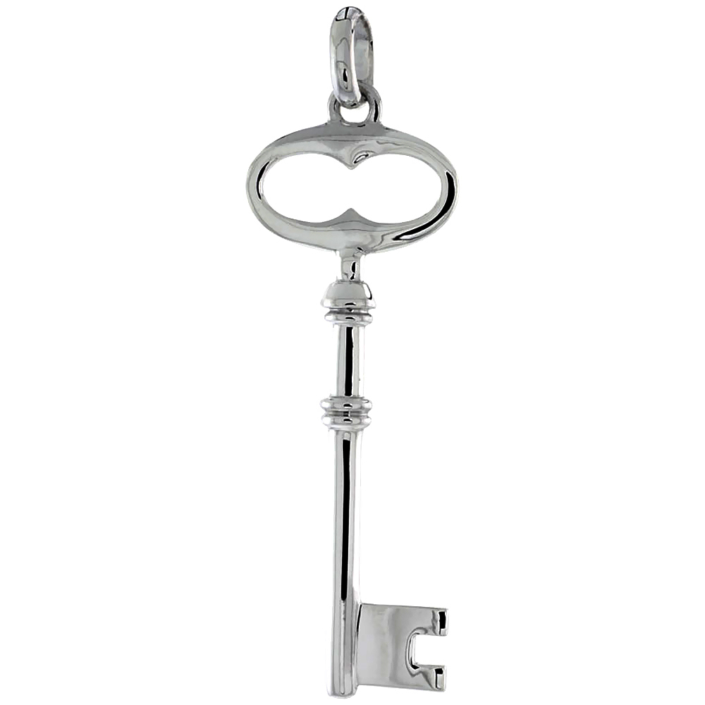 Sterling Silver Vintage Design Skeleton Key Pendant Georgian Oval Bow Flawless Polished Finish 1 7/8 inch