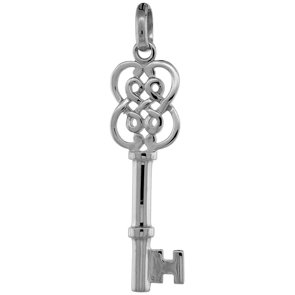 Sterling Silver Vintage Design Skeleton Key Pendant Scrollwork Bow Flawless Polished Finish 1 5/8 inch