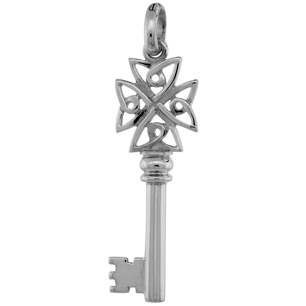 Sterling Silver Vintage Design Skeleton Key Pendant Celtic Cross Knot Bow Flawless Polished Finish 1 1/2 inch