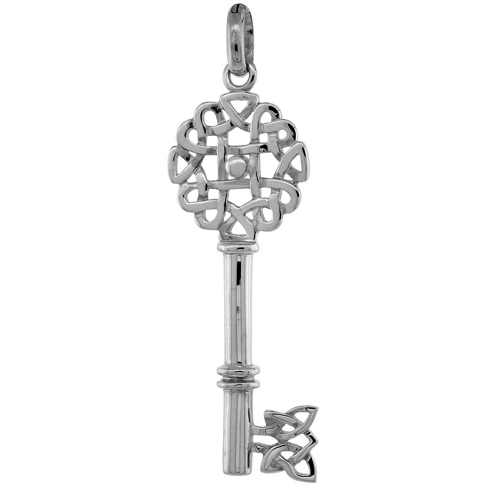 Sterling Silver Vintage Design Skeleton Key Pendant Celtic Heart Knot Bow Flawless Polished Finish 1 7/8 inch