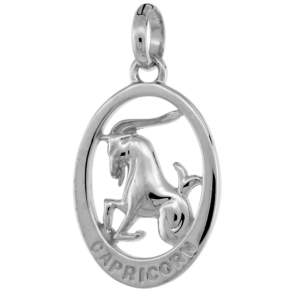 Small Oval Sterling Silver Zodiac Sign CAPRICORN Pendant Women Flawless Polished Finish 3/4 inch No Chain