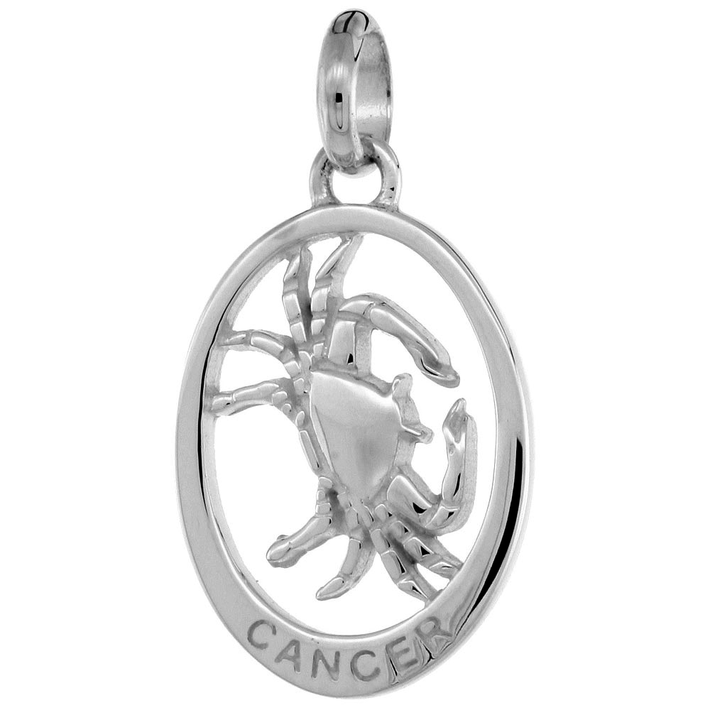 Small Oval Sterling Silver Zodiac Sign CANCER Pendant Women Flawless Polished Finish 3/4 inch No Chain
