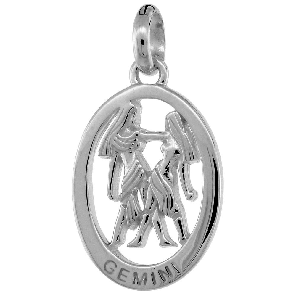 Small Oval Sterling Silver Zodiac Sign GEMINI Pendant Women Flawless Polished Finish 3/4 inch No Chain
