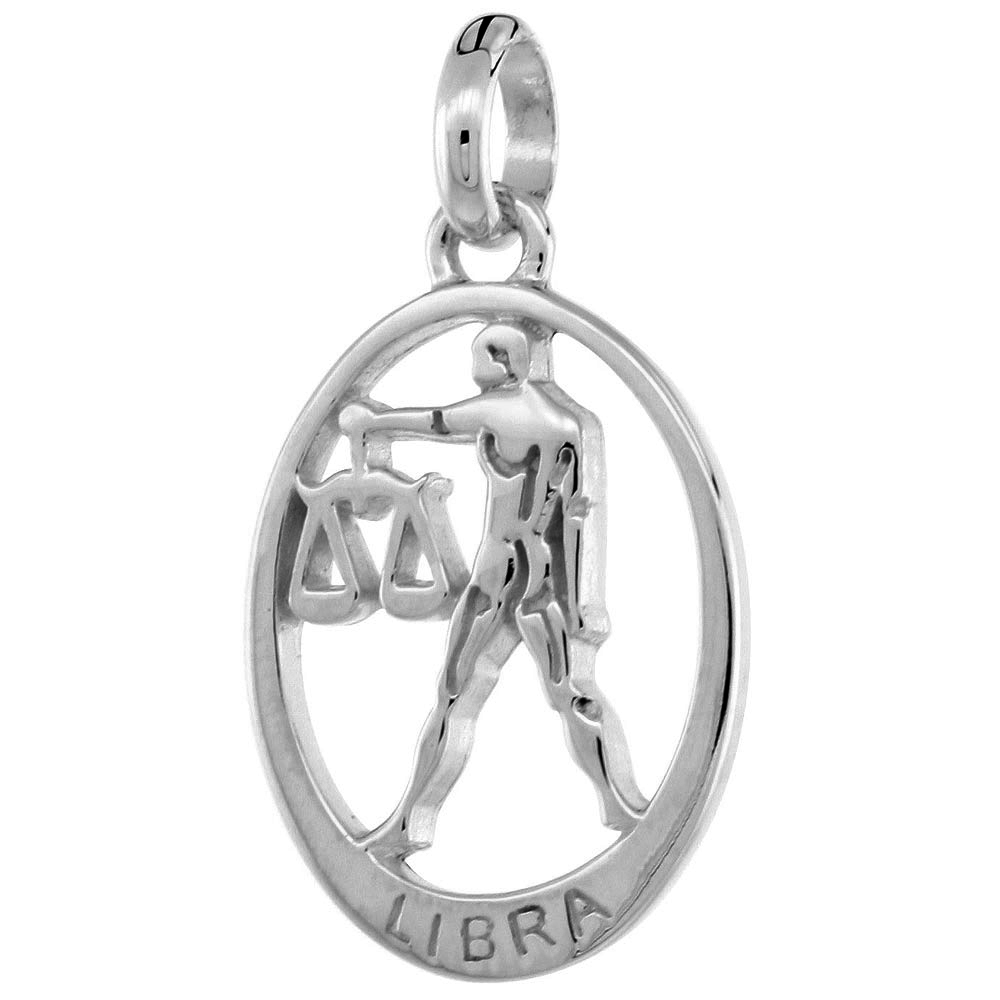 Small Oval Sterling Silver Zodiac Sign LIBRA Pendant for Women Flawless Polished Finish 3/4 inch No Chain