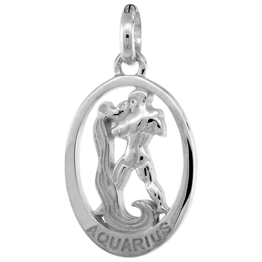 Small Oval Sterling Silver Zodiac Sign AQUARIUS Pendant Women Flawless Polished Finish 3/4 inch No Chain