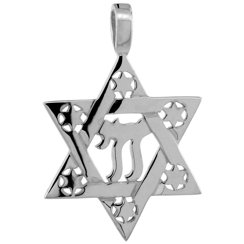 Small 7/8 inch Sterling Silver Jewish Star of David Pendant with Chai Center Men Flawless Finish 1 inch No Chain