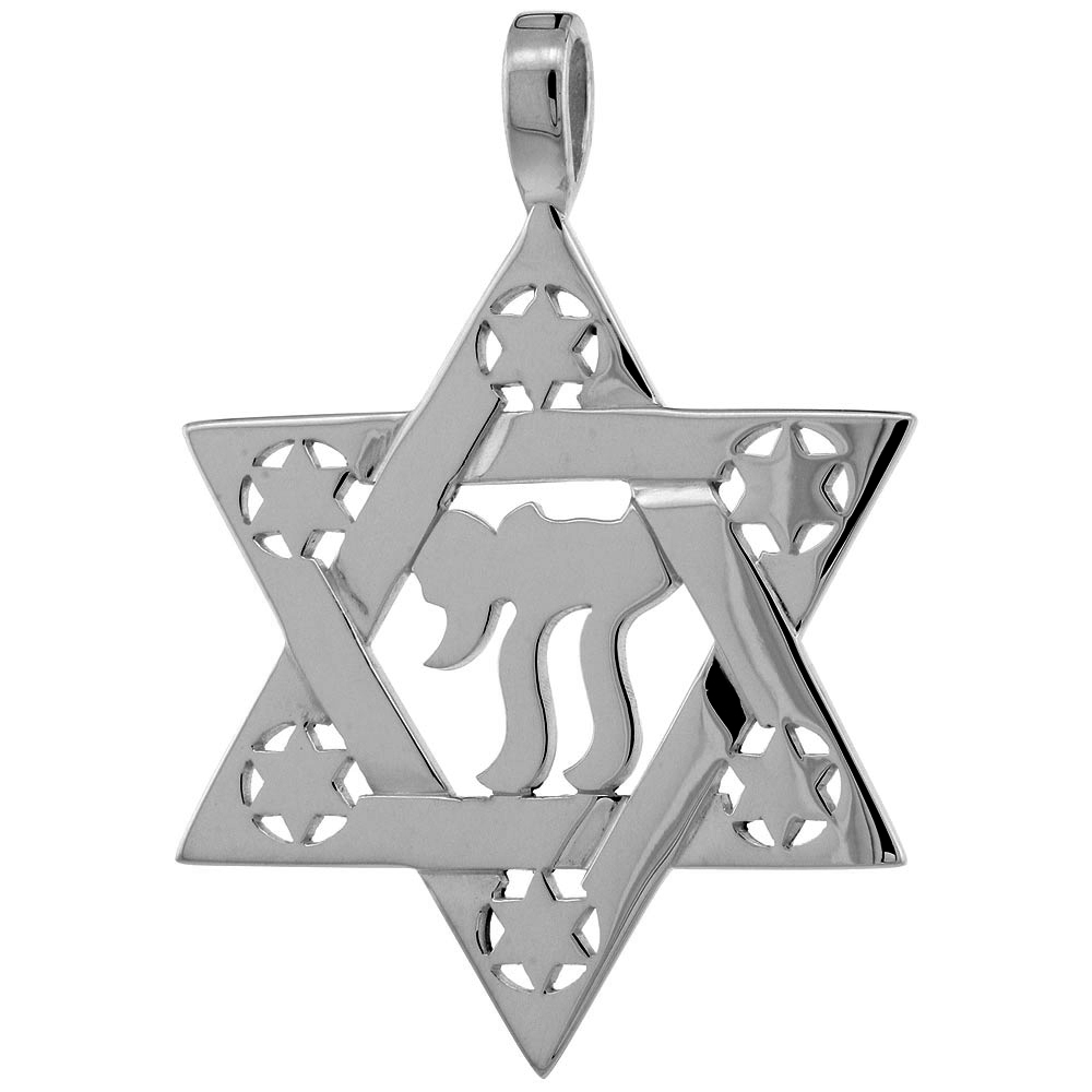 Large 1 1/8 inch Sterling Silver Jewish Star of David Pendant for Men with Chai Center Flawless Finish No Chain