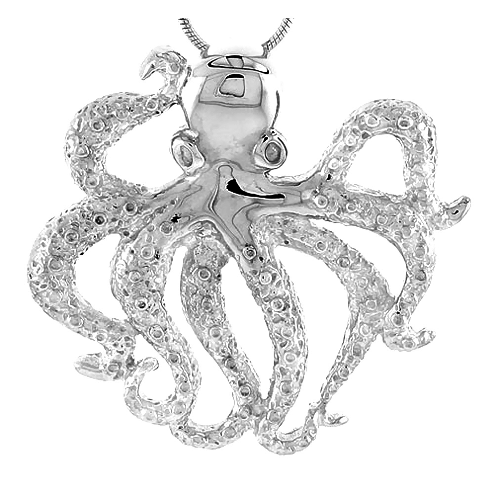 Sterling Silver Octopus Pendant Flawless Quality, 1 5/16 inch wide 