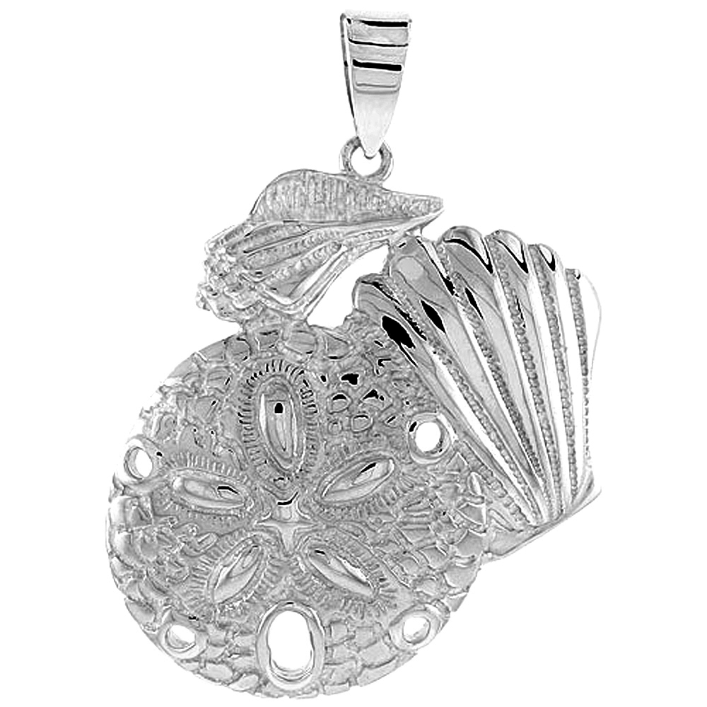 Sterling Silver Sand Dollar &amp; Snail Seashells Pendant Flawless Quality, 1 1/2 inch wide 