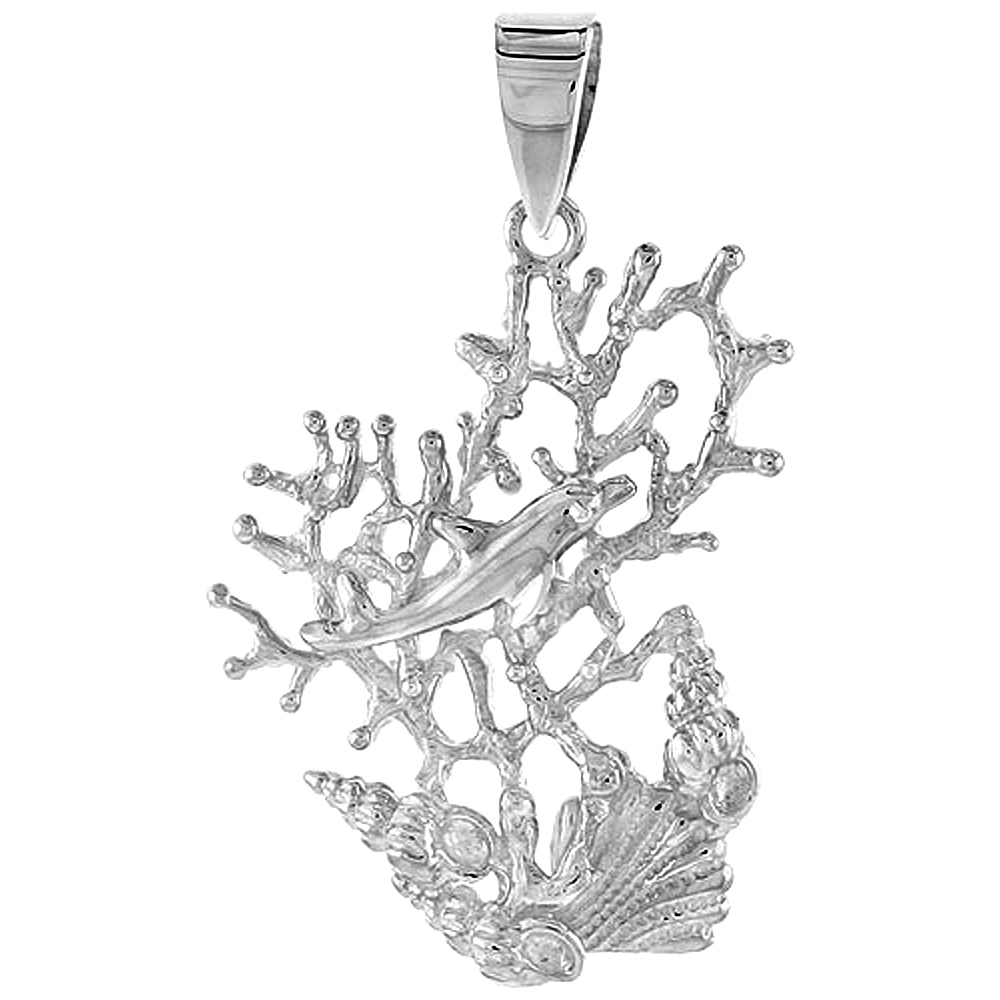 Sterling Silver Dolphin, Corals &amp; Shells Pendant Flawless Quality, 1 3/8 inch wide 