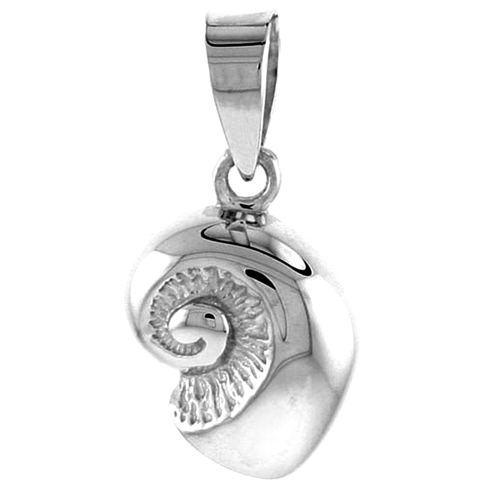 Sterling Silver Snail Seashell Pendant Flawless Quality, 1/2 inch wide 