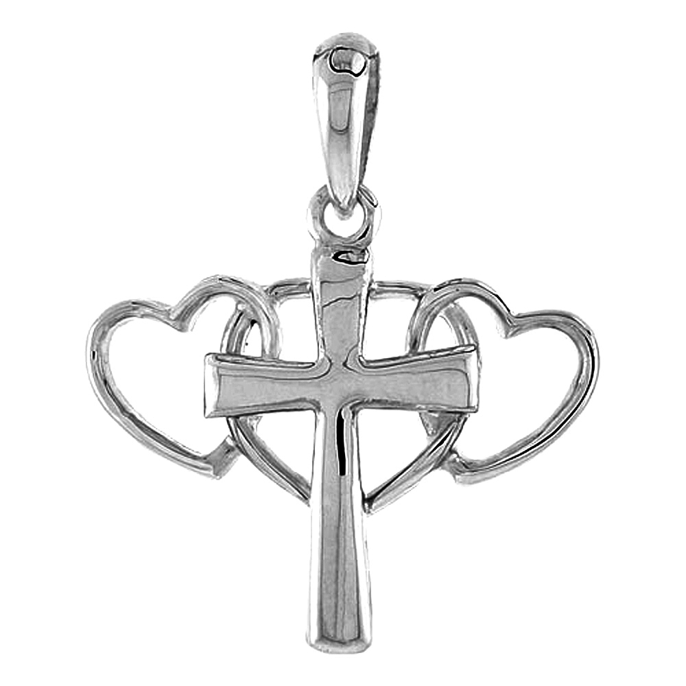Sterling Silver Triple Heart Cross Pendant Flawless Quality, 7/8 inch wide 