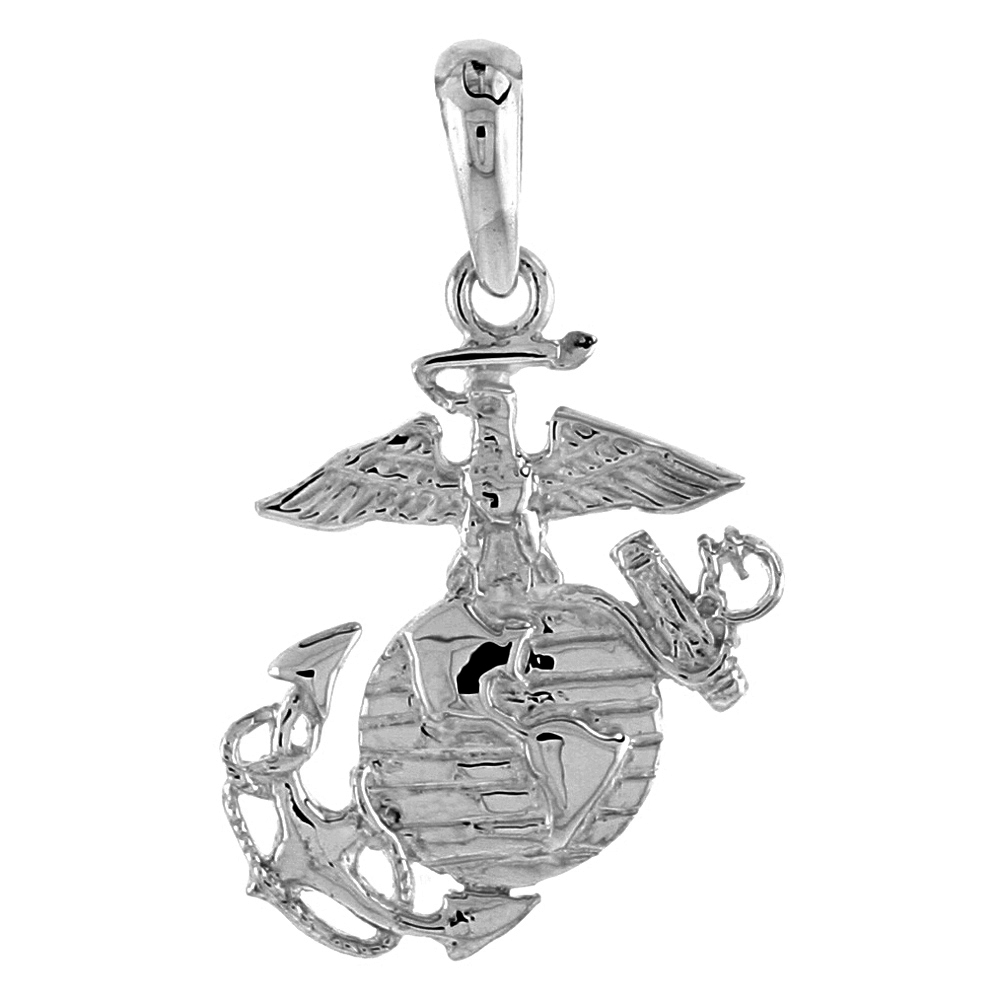 Sterling Silver Eagle Globe &amp; Anchor Pendant U.S. Marines Emblem, 7/8 inch Round