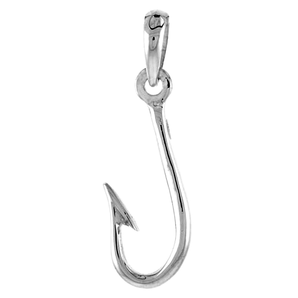 Sterling Silver Fishing Hook Pendant Flawless Quality, 1 3/16 inch wide 