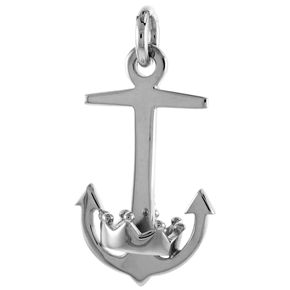 Sterling Silver Mariners Cross Anchor with Crown Pendant Flawless Quality, 1 1/4 inch wide 
